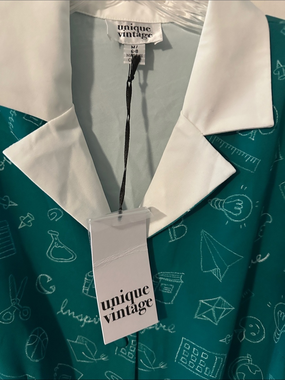 Unique Vintage Teal Dress with White Trim and Colorful Pencil Hem, Size M (6-8) - Picture 3 of 12